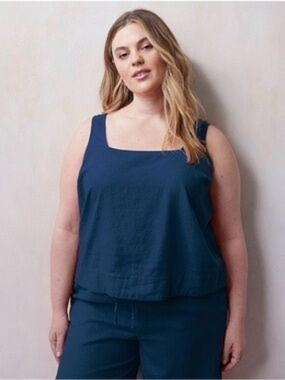 Lauren Conrad Linen Square Neck Tank Top With Buttons in Navy. Plus Size XXL.